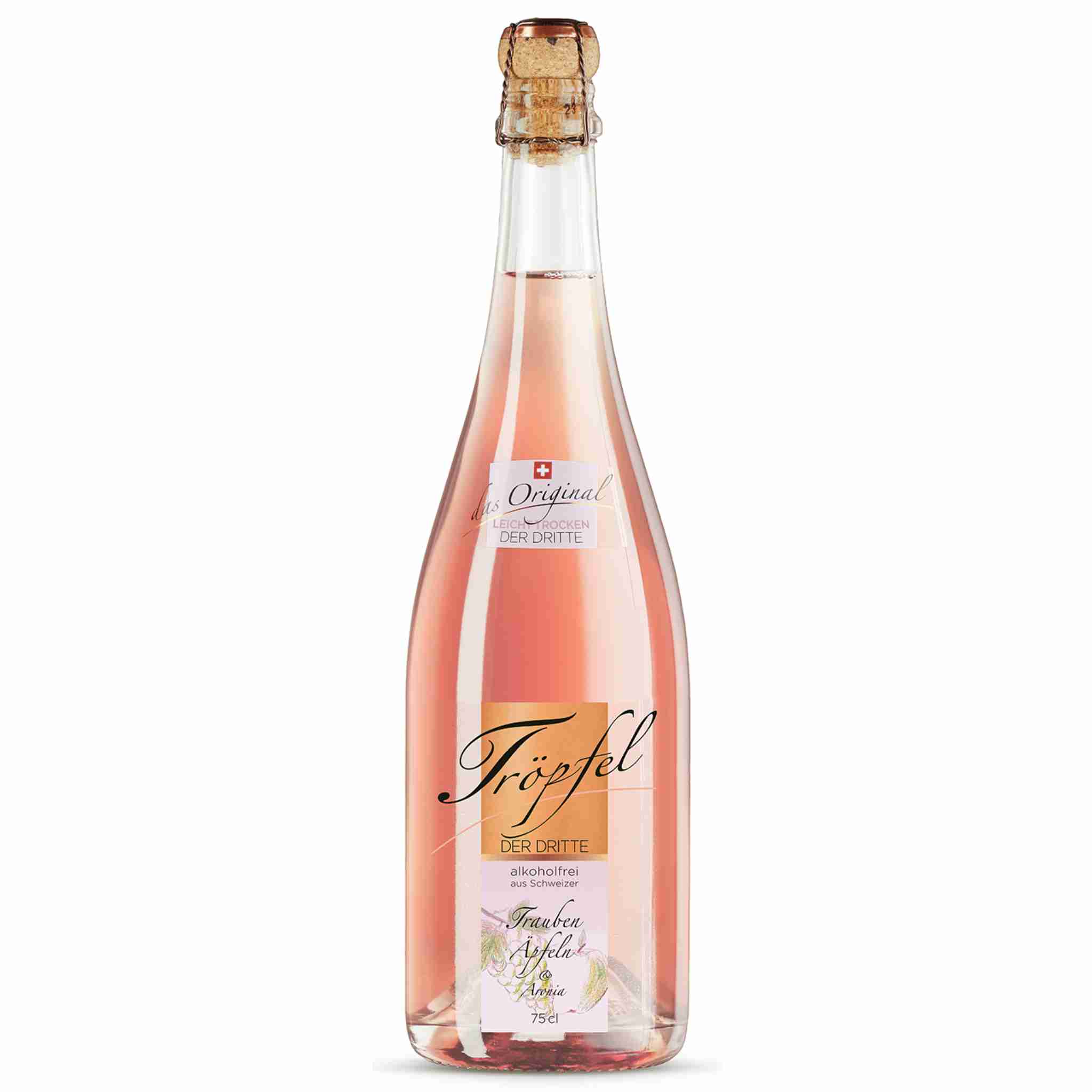 Tröpfel Der Dritte alkoholfreier Schweizer Rosé-Schaumwein aus Trauben, Äpfeln und Aroniabeeren, 75 cl
